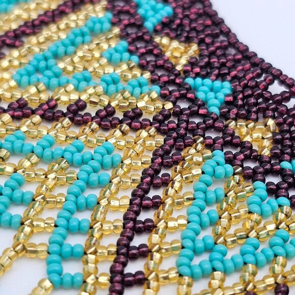 Huichol Beaded Collar Necklace| Handmade Purple, Turquoise & Gold – New from Mex - Picture 14 of 16
